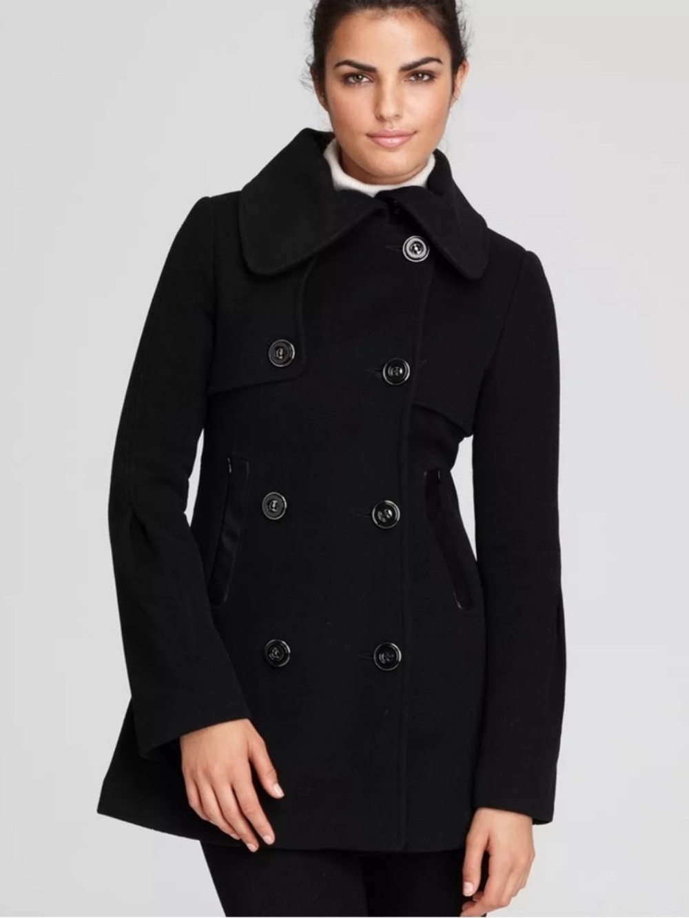 Mackage Asymmetrical Buttoned Wool Cashmere Pea Coat Size S Leather Trim